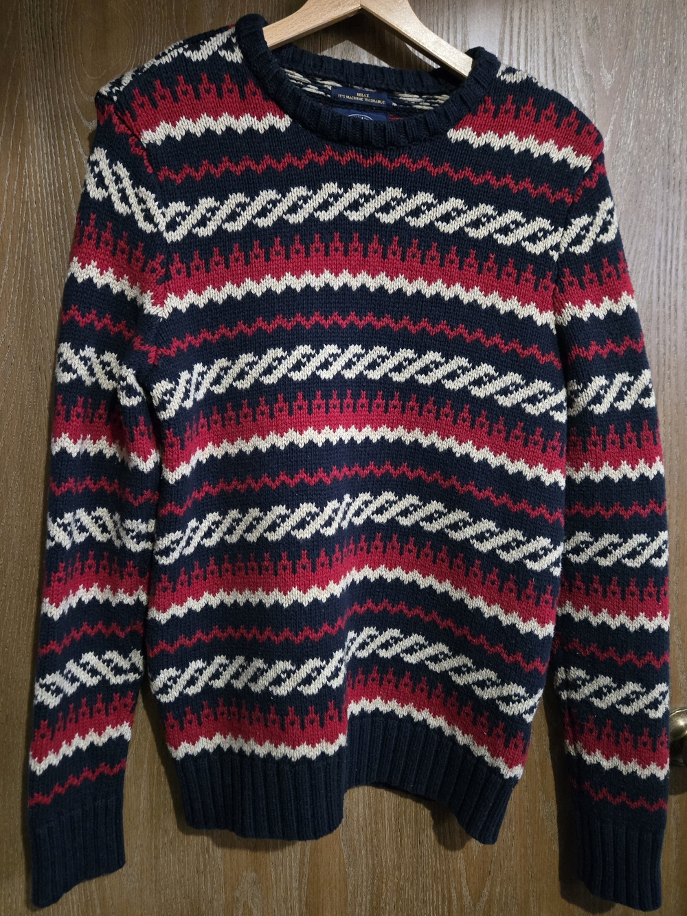 American Eagle Outfitters Navy, Red & Cream Patterned Crewneck Sweater